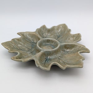 Vintage &#39;74 Holland Green Glazed Ceramic Cabbage Leaf Divided Relish Tray