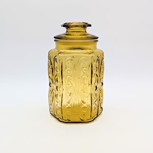 Vintage LE Smith Amber Glass Canister Imperial Atterbury Scroll Apothecary