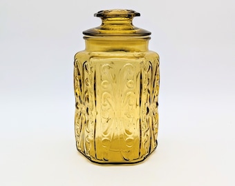 Vintage LE Smith Amber Glass Canister Imperial Atterbury Scroll Apothecary