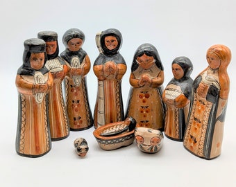 Vintage Tonala Mexican Terracotta Pottery Folk Art Nativity Scene 11 Piece