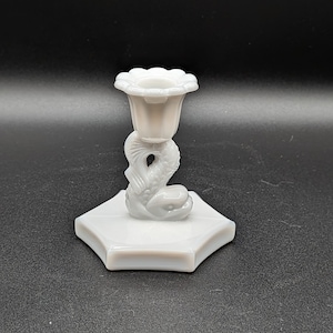 Vintage Westmoreland White Milk Glass Jumping Koi Fish Lucky Candle Stick Holder