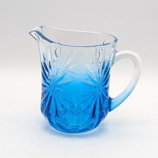 Heavy Depression Glass Style Starburst Cobalt Blue And Clear Ombre Pitcher