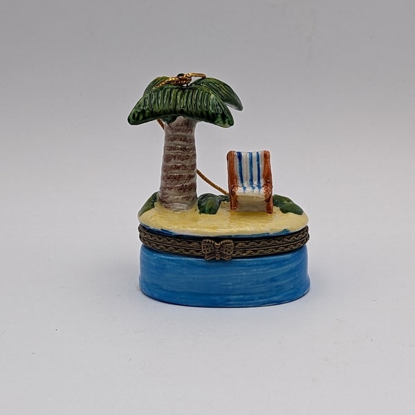 Tropical Enamel & Metal Palm Tree and Blue Striped Chair on the Beach Hinged Box