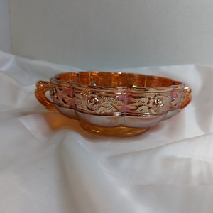 Jeannette Glass Aztec Rose Carnival Glass Orange Pedestal Handled Candy Dish