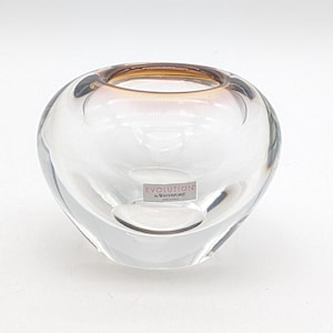 May include: A clear glass vase with a rounded shape and a brown rim. The vase has a label that reads "EVOLUTION by WATERFORD".