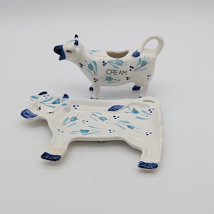 Vintage Ensco Cow Delft Creamer Japan Pitcher Napco E-3801 and Matching Spoon Rest