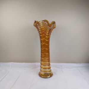 Antique 1910 Imperial Marigold Carnival Ripple 14 1/2” Vase Amber Gold Iridescent