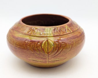 MCM Style Planter with Leaf Design Glazed in Orange and Green