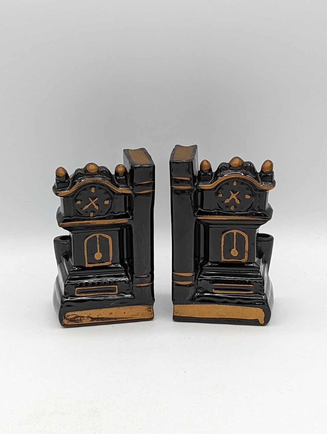 Vintage Black Grandfather Clock Bookends Pencil Holders Japan Etsy
