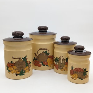 Vintage 70&#39;s KROMEX Nesting Canisters Mushroom Design Retro Tan Set Of 4