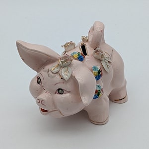 Vintage Royal Sealy Pink Pig Piggy Bank Roses Flowers Kitsch Japan