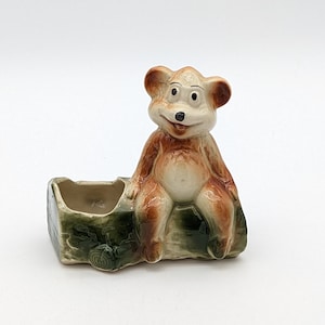 American Bisque Bear On Log Planter