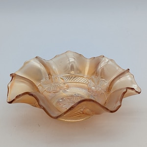 Dugan Apple Blossom Style Marigold Carnival Glass Ruffled Bowl Candy Dish