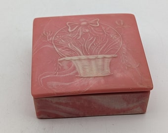 Design Gifts Incolay Style Stone Square Pink Trinket Box with Basket Signed R Nemith