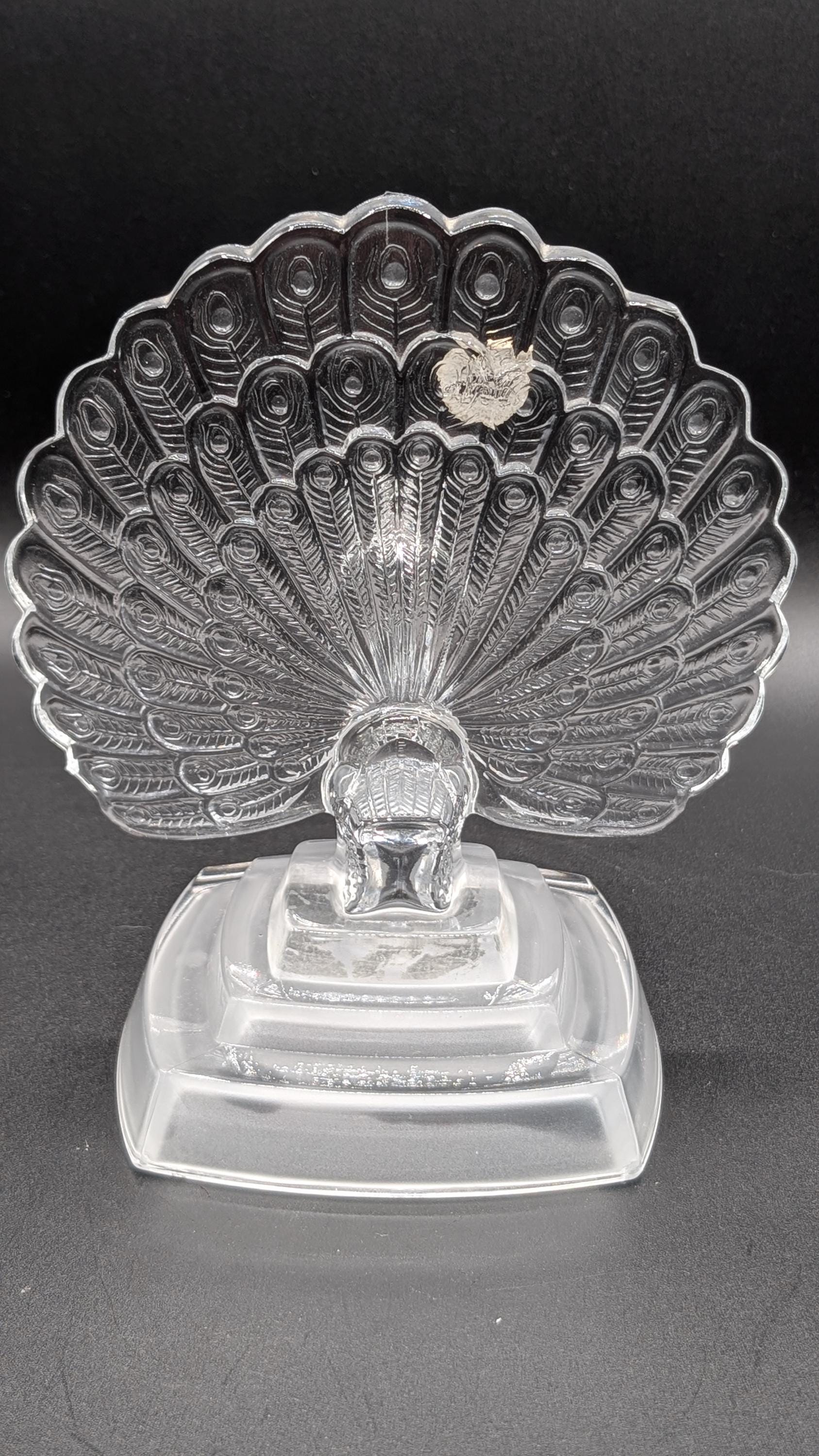 Figurine Cristal D'Arques - Paon Bleu-Vert Faisant La Roue - Sculpture Animalière