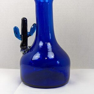 Hand Blown Blue Vase with a Cactus on the Side