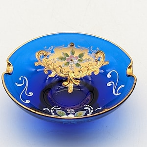 Bohemia Czech Cobalt Glass Ashtray with Hand Painted Floral Design