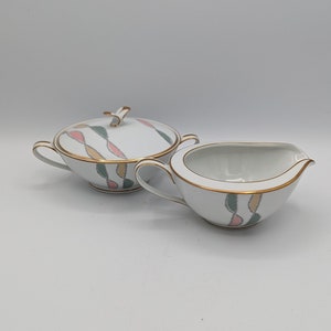 Noritake RC 226 Creamer and Sugar Set MCM Green Yellow Pink Ribbon Atomic