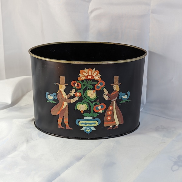 Vintage Black Toleware Hand Painted smaller tabletop waste metal bin basket Man Woman floral tree of life, probably Pa Dutch area made