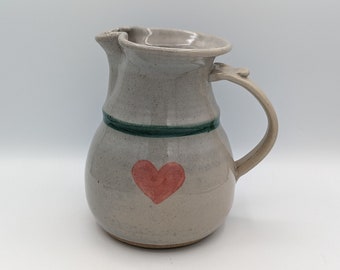 Studio Pottery Pitcher in Gray with a Green Stripe and Pink Heart