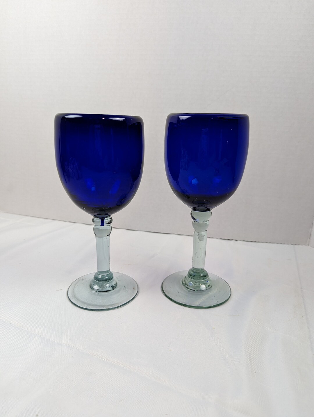 Hand Blown Art Glass Wine Glasses Vintage Blue Glass With Clear Stem