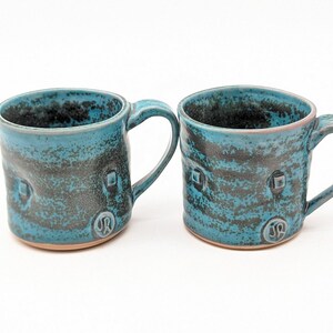 Pair of Studio Pottery Mugs in Shades of Green Signed JR