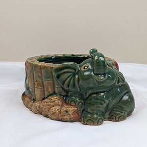 Vintage Majolica Pottery - Elephant Planter with Bamboo