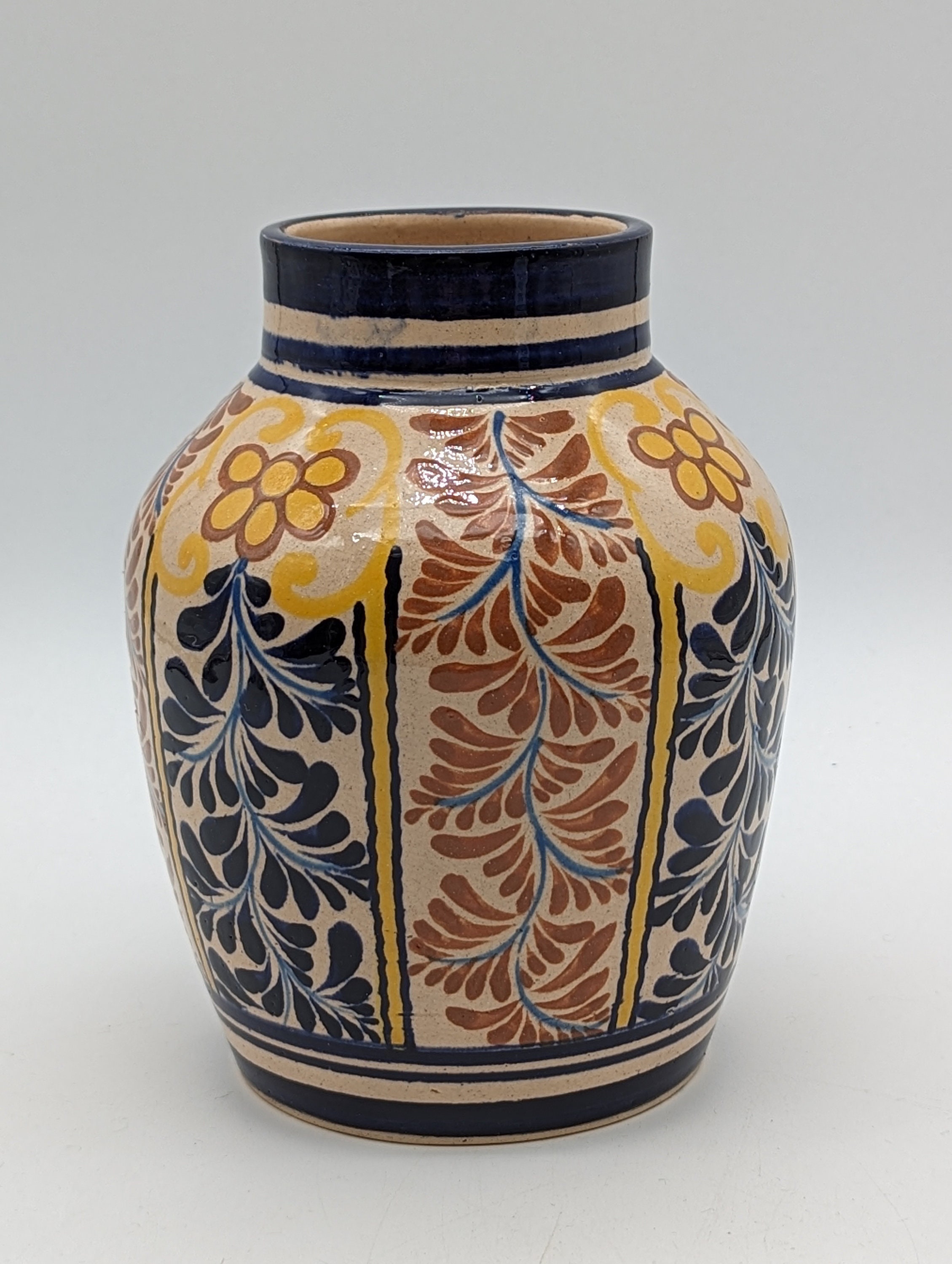 ヴィンテージ ベージュ ブルー フローラル 釉薬 セラミック メキシカン