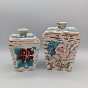 Vintage Pair of Ceramic Pottery Square Canister Fruit Floral Birds