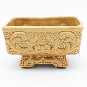 Vintage American Bisque Pottery Planter Ceramic Mustard Yellow  Scrolls Bow Ribbon