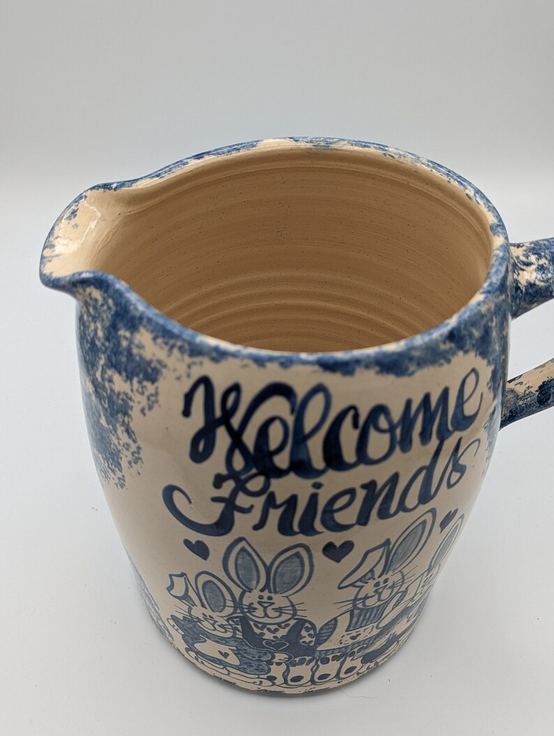 Wellcome Pitcher CMP Cobalt Spongeware Pottery Vintage 1991 Large
