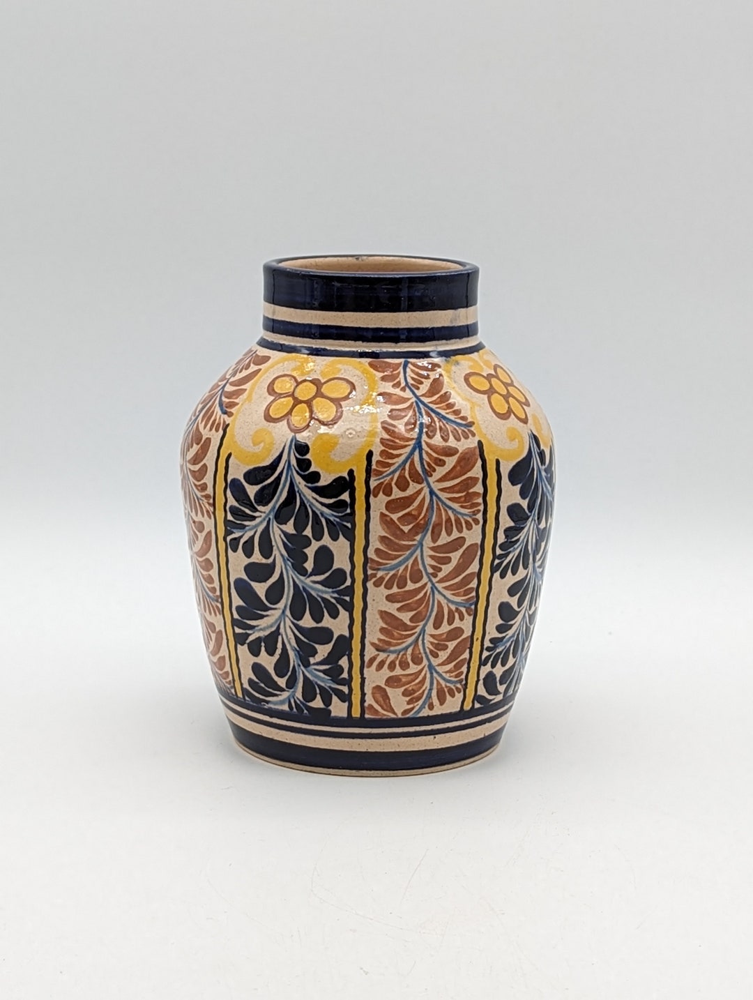 陶芸品 陶器 花瓶 メキシカンアンティーク ヴィンテージ ベージュ ブルー フローラル 釉薬 セラミック メキシカン