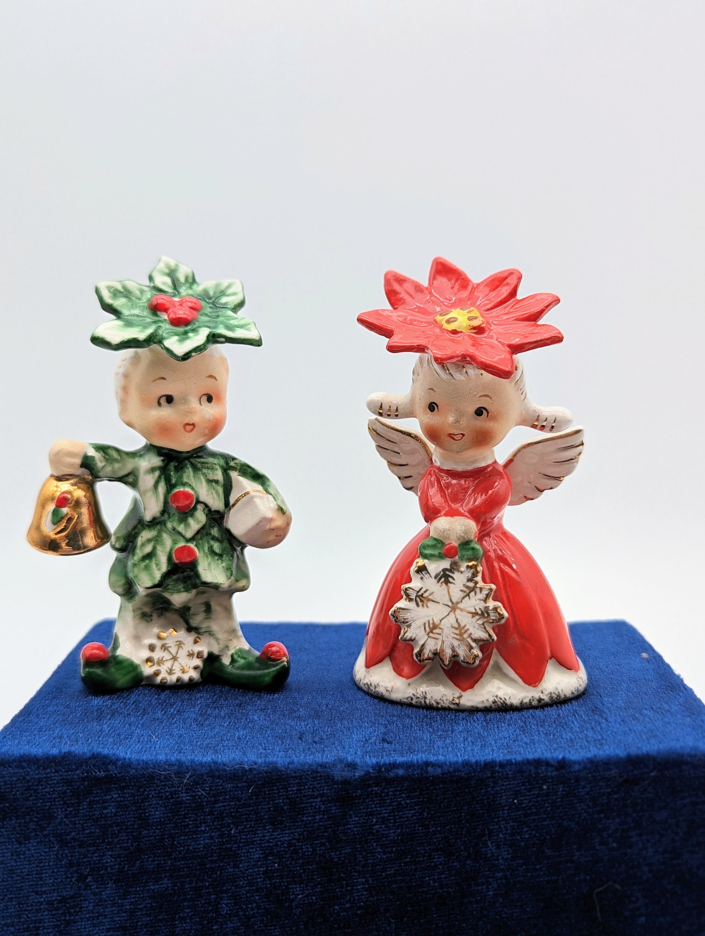 Vintage Rare Napco Japan Poinsettia Girl and Holly Boy Salt
