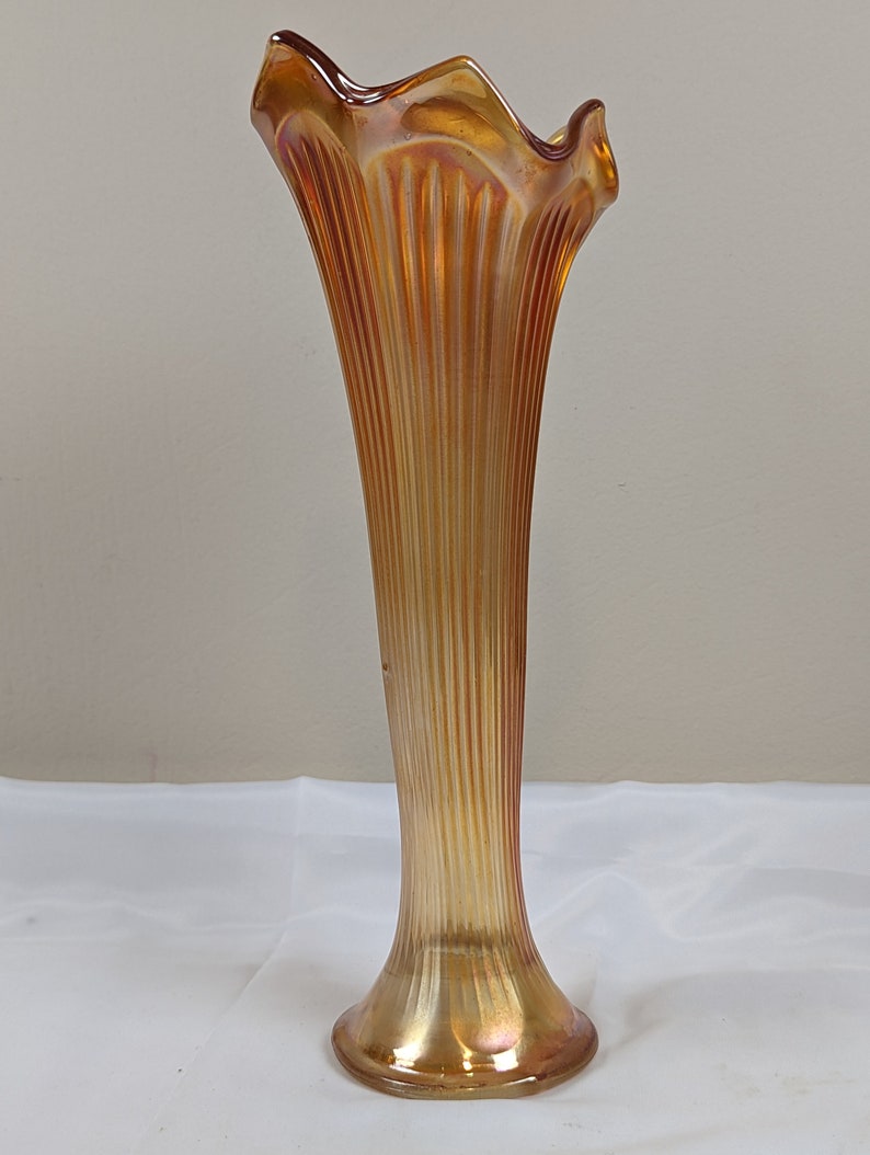 Fenton Marigold Carnival Glass Vase Fine Ribbed Vintage Etsy