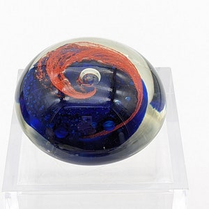 Vintage Hand Blown Glass Paperweight with Red and Blue Swirl