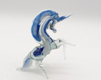 Vintage Hand Blown Cobalt and Clear Swirl Glass Unicorn Figurine