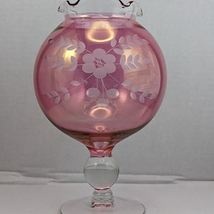 Cranberry Rose Bowl Goblet Vase with Pedestal Ruffle Lip and Etched Flowers