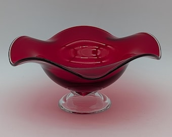 Hand Blown Ruby Red Wavy Rim Art Glass Pedestal Bowl with Clear Edge