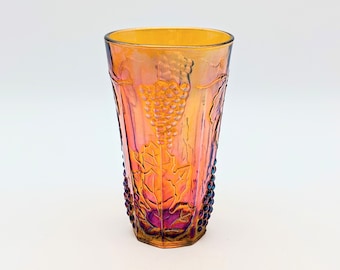 Vintage Indiana Iridescent Marigold Carnival Tumbler Harvest Grapes & Leaves