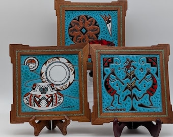 1986 Framed Cleo Teissedre Tile Wall Hanging, Native American
