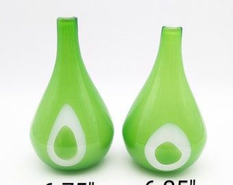 Lime Green with White Circles Hand Blown Art Glass Cased Bud Vase