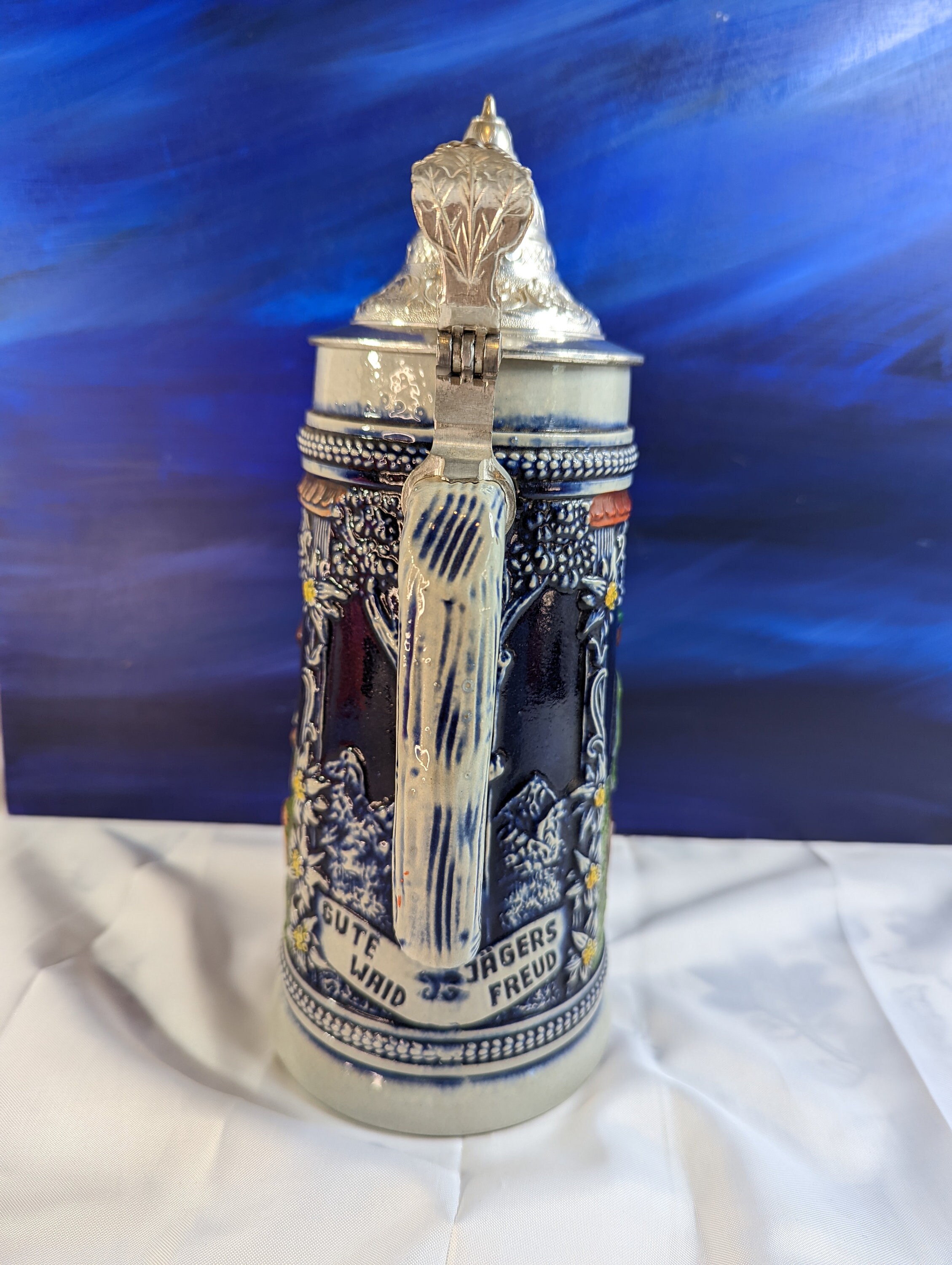 Gerz Lidded Beer Stein, Gute Waid Jagers Freud, 18oz, 11