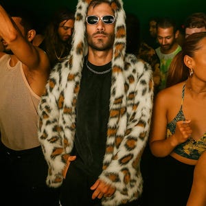 Men white leopard hooded coat / Festival faux fur jacket / Rave coat