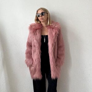 Powder Rose Faux Fur Coat, Fluffy jacket with lapel collar
