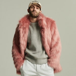 Men's pink faux fur jacket / Pimp furry coat, Festival faux fur jacket, Baby pink coat, Fluffy collared coat, Burning man jacket