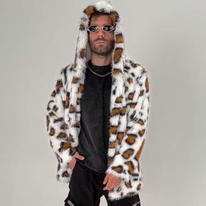 White Jungle faux fur leopard festival coat with hood, Unisex Rave Outfit