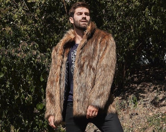 Dark coyote faux fur jacket, Men coat with collar