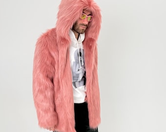 Bubblegum Haze Faux Fur Hooded Festival Coat - Rave Burning Man