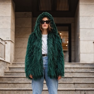 Emerald Green Faux Fur Hooded Coat: Shaggy Rave Jacket