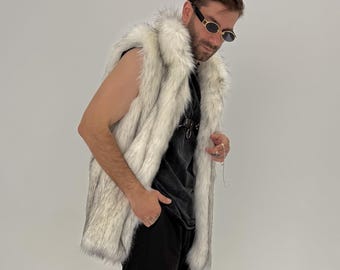 Wolfcore Faux Fur Vest: Men's Long White Gilet With Stand Collar